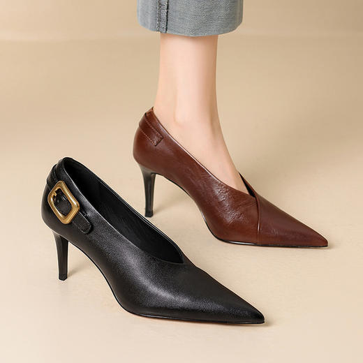 【预售5天】时尚金属皮带扣7cm尖头头层牛皮v口显瘦高跟鞋FDJ&YC-557 商品图3