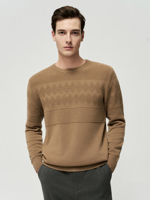 【条纹绞花羊绒套衫】羊绒世家秋冬新品男士100%山羊绒圆领针织保暖毛衣 商品图0