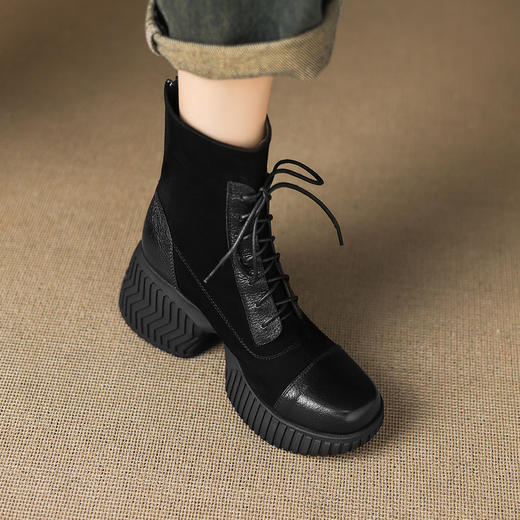 【预售5天】超轻厚底骑士靴圆头英伦风时尚简约秋冬新款绑带粗跟显瘦马丁靴CFE&C6352 商品图2