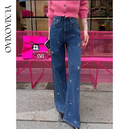 余潇潇【星光璀璨】棉感重工花朵烫钻百搭显瘦垂感直筒牛仔裤秋冬 商品图3
