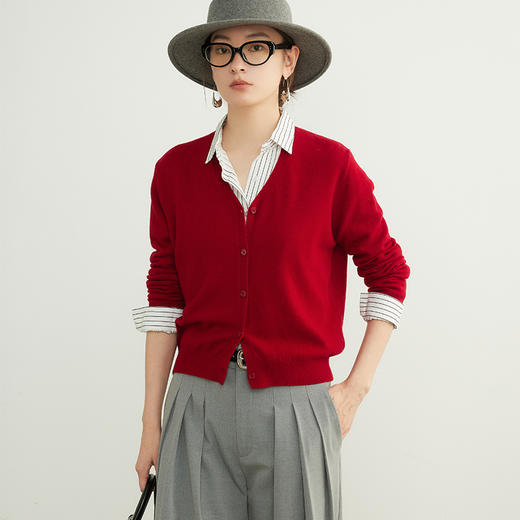 「自」全新升级【铂金会员192/天猫259/差价67】(95137)洛诗琳美利奴100羊毛针织开衫2025秋季气质V领显瘦短外套 商品图0