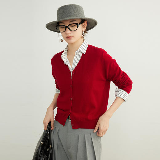 「自」全新升级【铂金会员192/天猫259/差价67】(95137)洛诗琳美利奴100羊毛针织开衫2025秋季气质V领显瘦短外套 商品图1