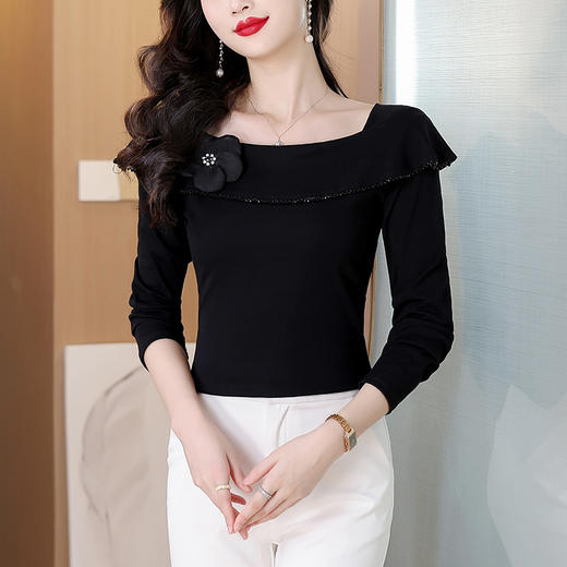 KQL D36M8551韩版时尚方领立体花朵长袖T恤气质显瘦荷叶边上衣 商品图0