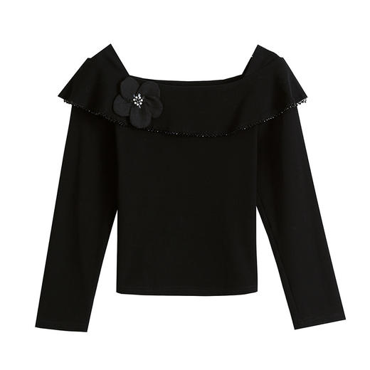 KQL D36M8551韩版时尚方领立体花朵长袖T恤气质显瘦荷叶边上衣 商品图4