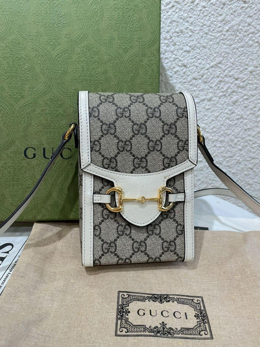 GUCCI 1955 Horsebit 老花拼牛皮 白色 mini 手机包 商品图0