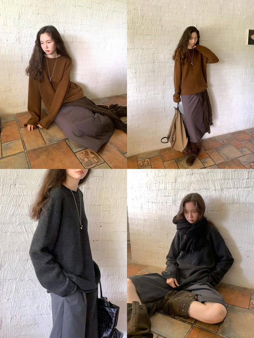 素舶 超厚美丽奴羊毛粗针编织感卷边圆领针织套衫毛衣 商品图3