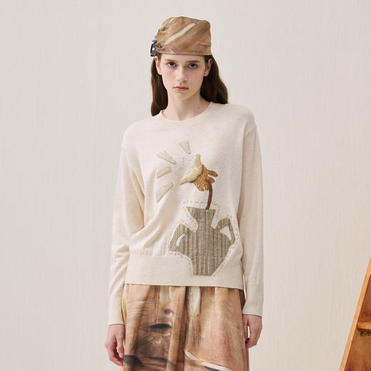 谜底套头针织衫长袖2025年冬季新品轻盈保暖圆领绣花女254MZ1890 商品图0