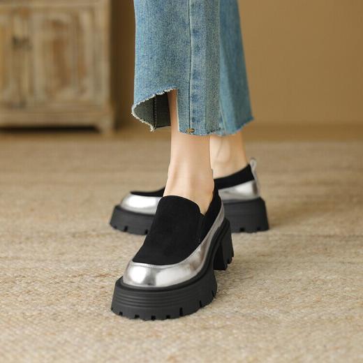 【预售5天】春秋新品羊皮厚底乐福鞋拼色休闲小皮鞋一脚蹬粗跟单鞋MLD&A038 商品图1