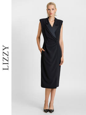 LIZZY 早秋 优雅气质OL一片式西装领商务通勤无袖收腰连衣裙7711