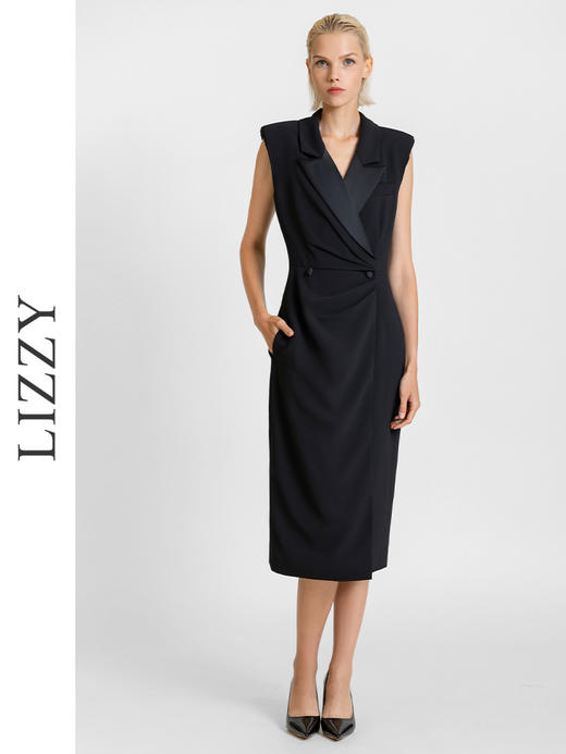 LIZZY 早秋 优雅气质OL一片式西装领商务通勤无袖收腰连衣裙7711 商品图0