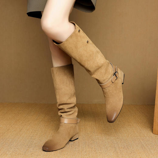 【预售7天】新款美拉德中跟堆堆靴真皮磨砂西部靴秋冬粗跟复古长筒高靴NJMK&K1759 商品图4