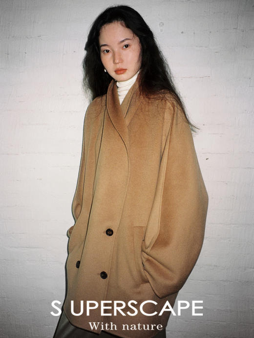 素舶 绵羊毛青果领双排扣松弛廓感宽松双面毛呢中长短款大衣外套 商品图0