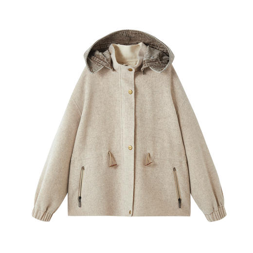 谜底羊毛双面呢大衣长袖2025冬新品猎装廓形抽绳收腰女254MD1724 商品图4