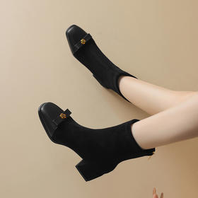 YLY&8965-9法式方头瘦瘦靴女2025秋冬新款粗跟中跟弹力靴百搭山茶花女靴复古