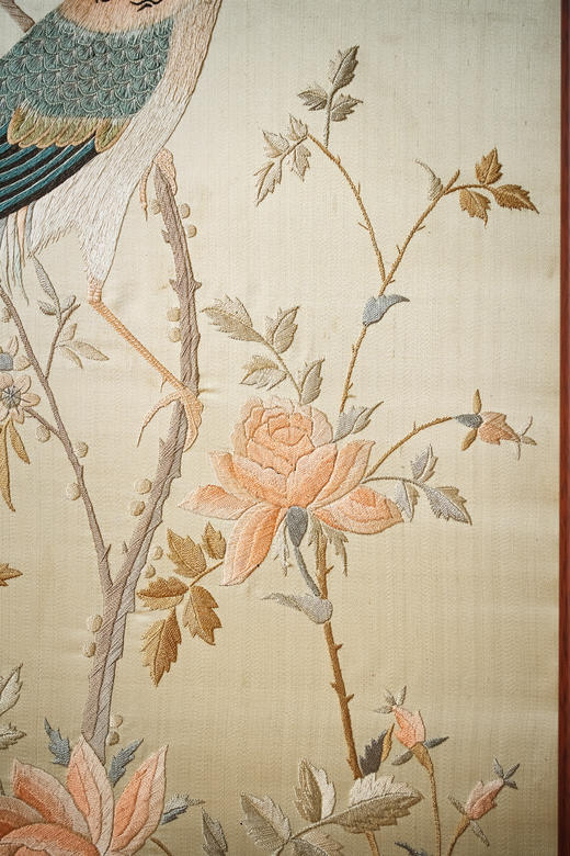 独角鹿西洋古董20世纪初中国出品「锦上添花」传统东方花鸟主题粤绣挂屏 商品图5