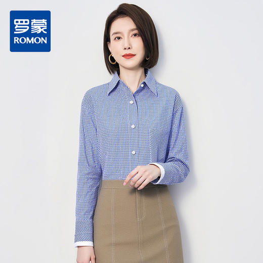 【棉混纺 清新格纹】罗蒙女士春秋长袖衬衫简约大众易打理舒适百搭商务女衬衣 商品图0