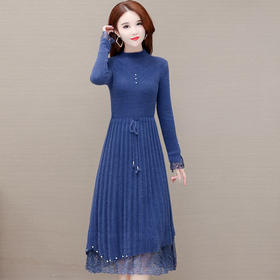 QYM H723-Y仿貂绒连衣裙针织弹力裙系带收腰网纱拼结A字裙