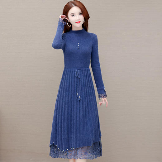 QYM H723-Y仿貂绒连衣裙针织弹力裙系带收腰网纱拼结A字裙 商品图0