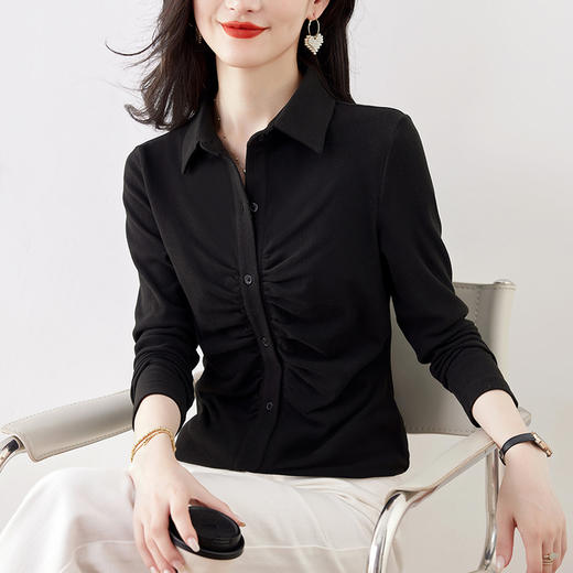 KQL 403H7929纯色衬衫收腰显瘦褶皱洋气气质小衫 商品图1