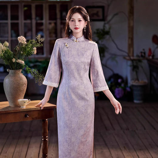 复合提花缎长款倒大袖旗袍，新中式高级感紫色旗袍SJT-862 商品图0