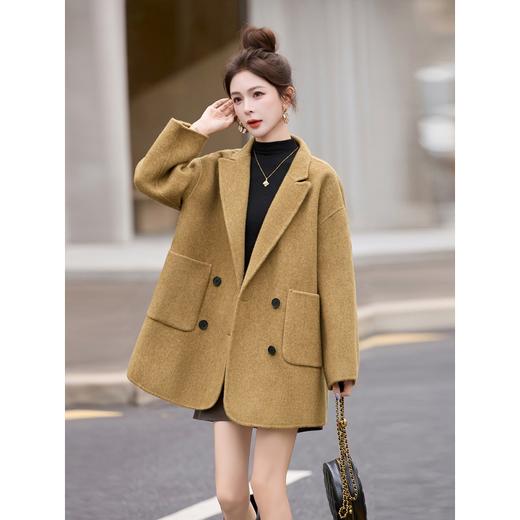 西装款双排扣毛呢外套，中长款宽松驼色双面呢子大衣HR-ASLZ8533 商品图0