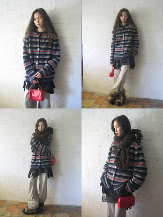 素舶 美利奴羊毛珍珠纱肌理感条纹红铜锡金属扣针织开衫毛衣 商品图4