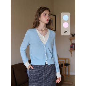 SimpleRetro法式v领撞色假两件针织开衫女秋