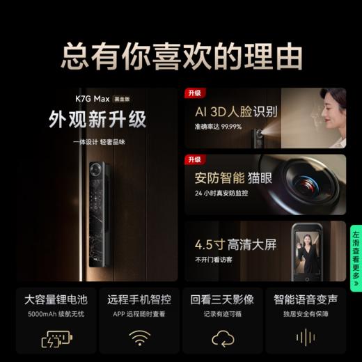 TCL 3D人脸识别猫眼锁指纹锁智能锁智能门锁电子锁K7G Max（黑金版） 商品图8