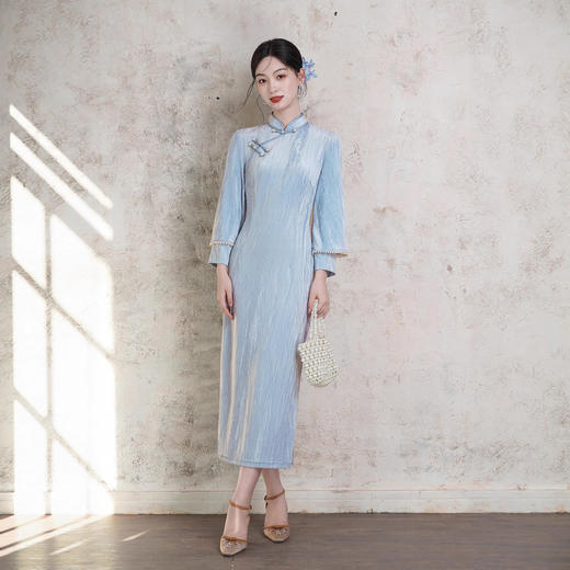 2025年秋季新款改常蕾丝包边年轻款丝绒倒大袖旗袍XL1612 商品图1