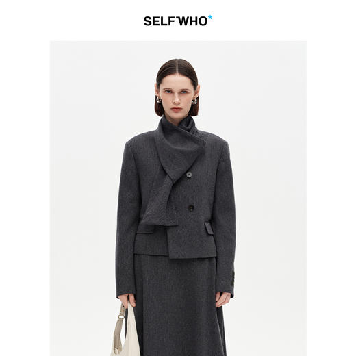 SELFWHO羊毛混纺经典围巾领西装女2025冬新款人字纹双排扣短外套 商品图0