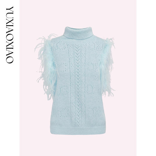 余潇潇【柔光舞曲】设计感绵羊毛羊驼毛山羊绒高领无袖拼鸵鸟毛毛衣 商品图2