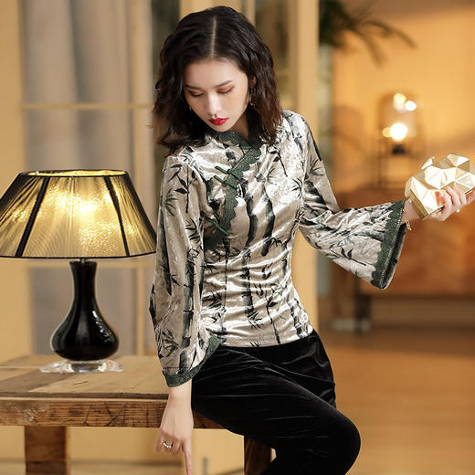 春秋丝绒竹印花立领良修身上衣唐装AYK190926 商品图1