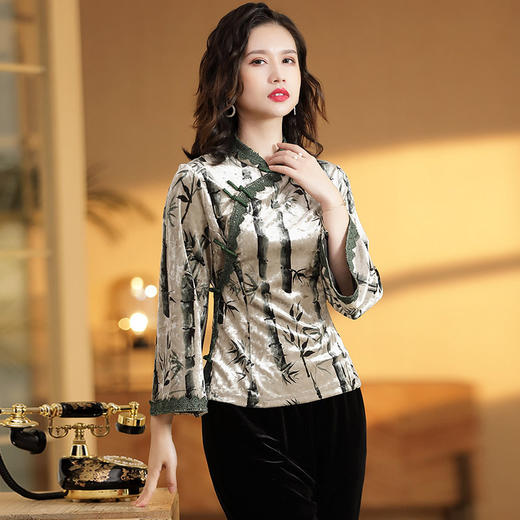 春秋丝绒竹印花立领良修身上衣唐装AYK190926 商品图2
