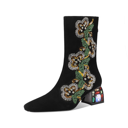 OLD 6197-33中筒绣花水钻短靴高粗跟法式复古圆头时装靴 商品图4