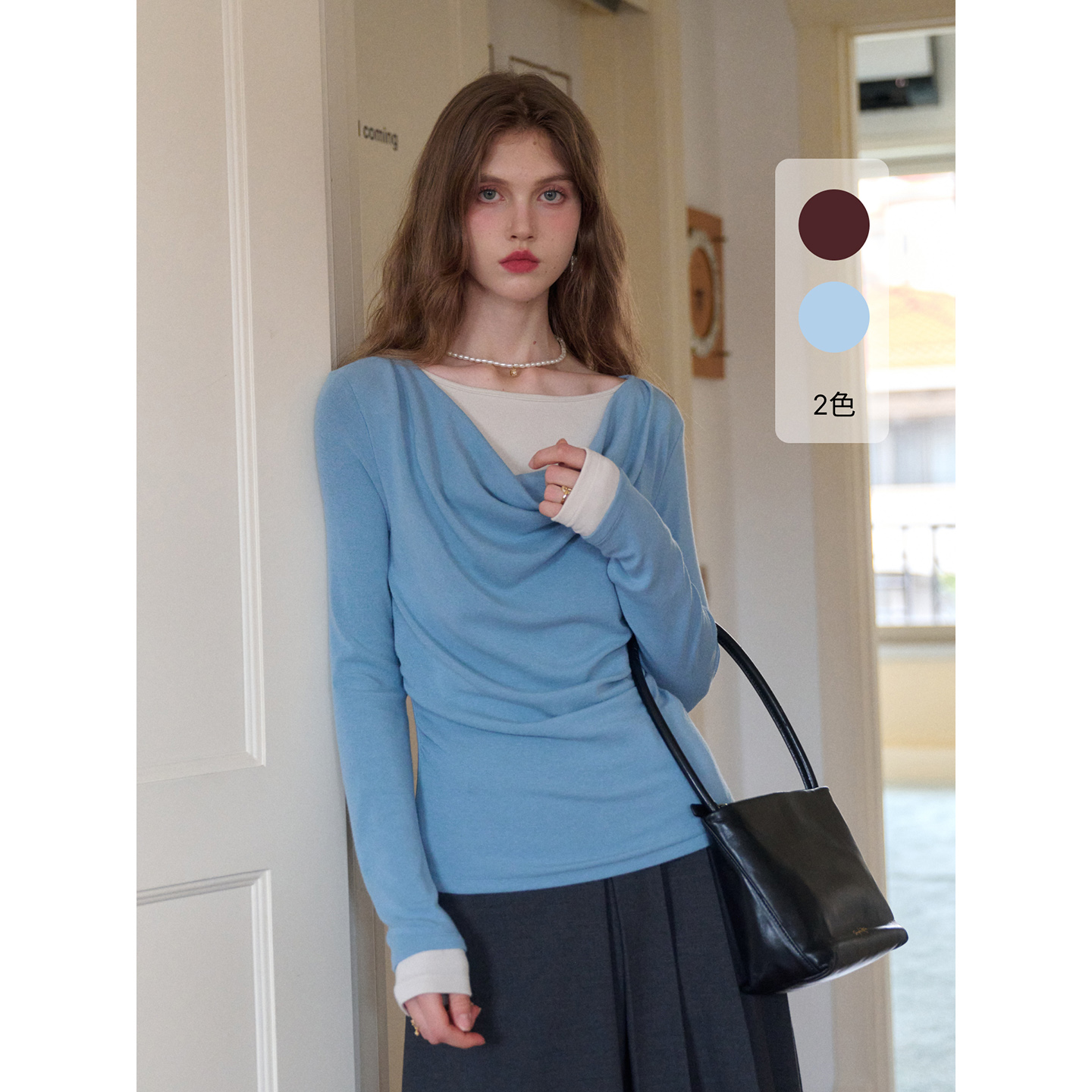 【三石专属】SimpleRetro午后微风 法式撞色假两件荡领t恤女秋设计感长袖上衣