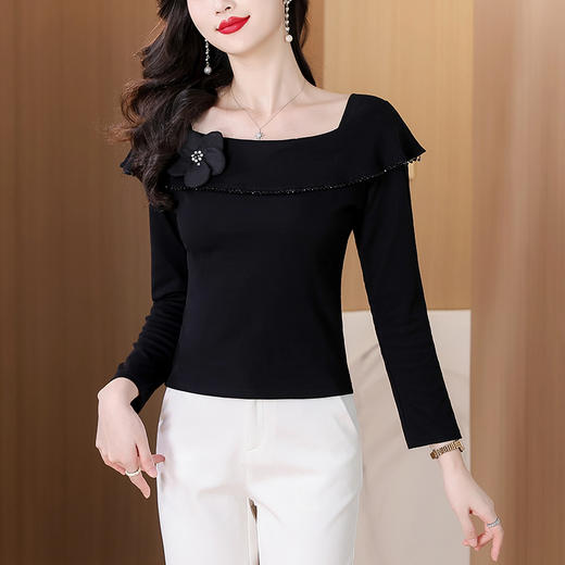 KQL D36M8551韩版时尚方领立体花朵长袖T恤气质显瘦荷叶边上衣 商品图2