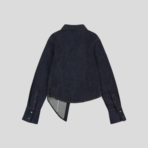 GOODBAI 粗体logo印花翻领斜襟不规则下摆收腰长袖牛仔衬衫 商品图4