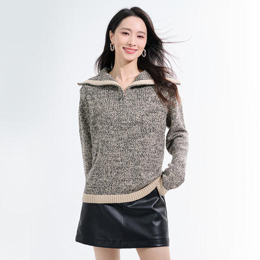 罗蒙针织衫秋冬女士翻领半开襟针织衫休闲撞色边拉链慵懒风设计感毛衣上衣女 商品图1