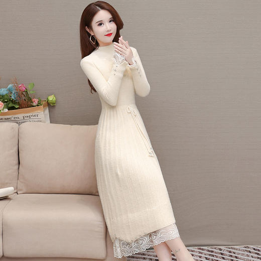 QYM H723-Y仿貂绒连衣裙针织弹力裙系带收腰网纱拼结A字裙 商品图1