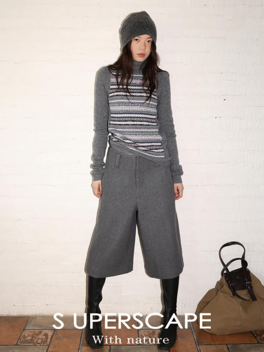 素舶 绵羊毛肌理毛呢中高腰连腰设计收腹显瘦复古分割直筒七分裤 商品图0