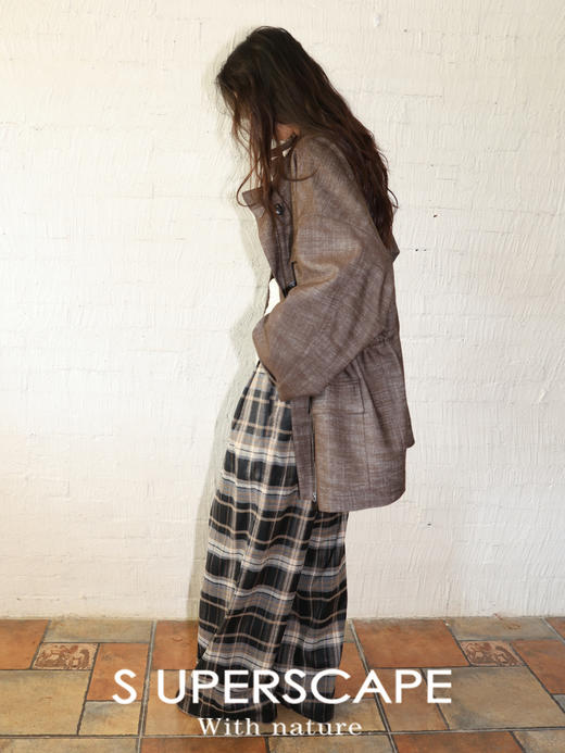 素舶 复古撞色格纹橡筋腰压褶舒适松弛感宽松百搭阔腿格子休闲裤 商品图2