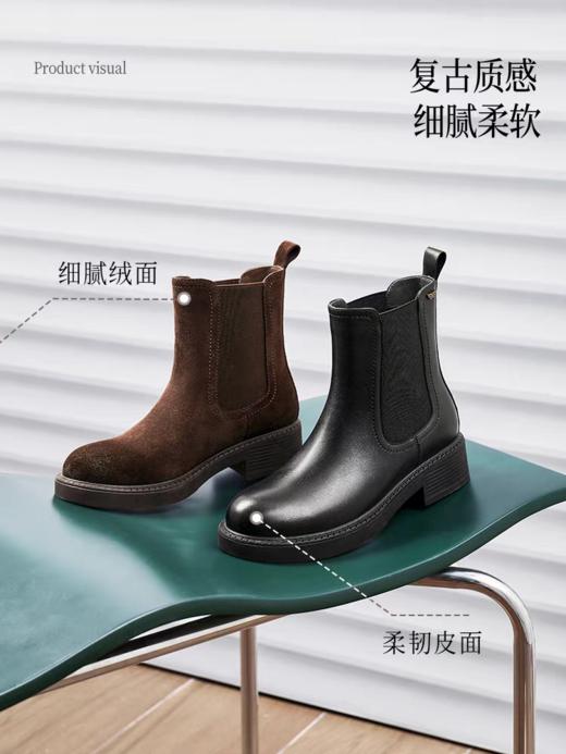 BF楼百丽复古真皮加绒保暖切尔西靴子女25冬新粗跟休闲短靴E8M1DDZ5 商品图0