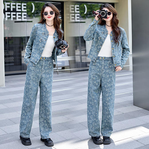 提花时髦牛仔休闲显瘦干练女神减龄两件套 商品图2