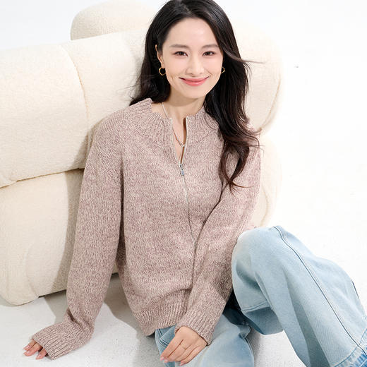 罗蒙秋冬女士针织衫半高领拉链慵懒风设计感针织开衫宽松上衣毛衣外套女 商品图1