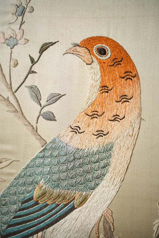 独角鹿西洋古董20世纪初中国出品「锦上添花」传统东方花鸟主题粤绣挂屏 商品图3