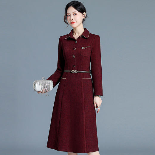 QYM 65103-Y连衣裙翻领长袖中长款时尚气质A字裙 商品图1