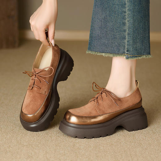 【预售5天】英伦风拼色系带小皮鞋，百搭粗跟厚底深口乐福鞋HHY&S1181 商品图0