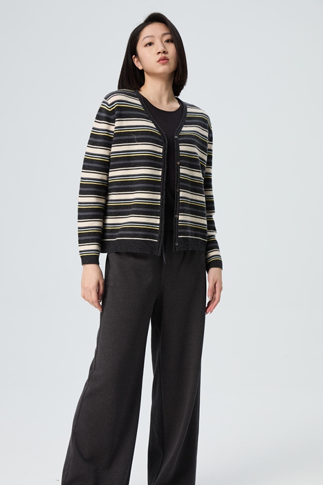 【推荐款显瘦】水淼2025冬新款休闲简约大气毛织条纹羊毛开衫1498