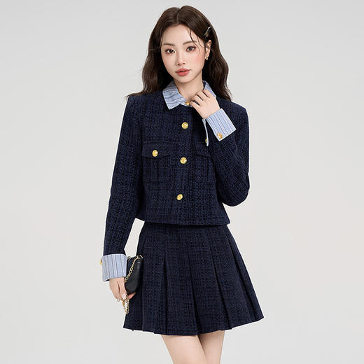 西遇小香风套装裙女秋季新款条纹拼接撞色短款外套两件套V0055466/SS051605 商品图1