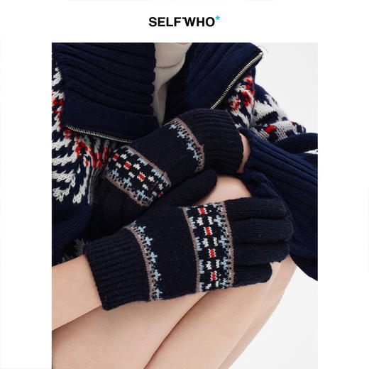 SELFWHO彩色提花编织复古针织手套女2025冬新款软糯保暖分指手套 商品图0